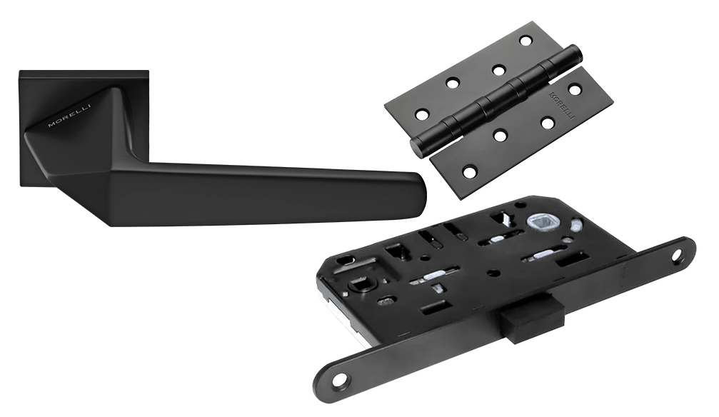 Комплект дверных ручек MH-55-S6 BL + защёлка бесшумная M1895 BL + петли врезные универсальные MSN 100X70X2.5-4BB BL (2шт)