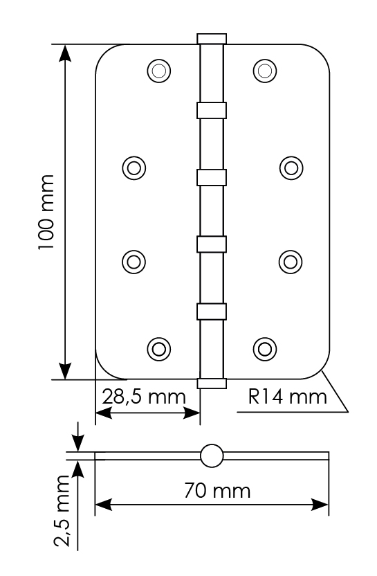 Петля стальная MSN-C 100X70X2.5-4BB SG скругленная универсальная с подшипником, вес полотна до 40 кг, цвет матовое золото фото купить в Сочи